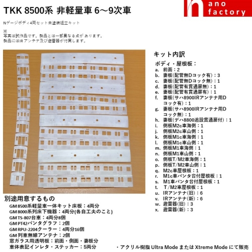 TKK 8500系 非軽量車 6～9次車 Nゲージボディ4両セット未塗装組立キット