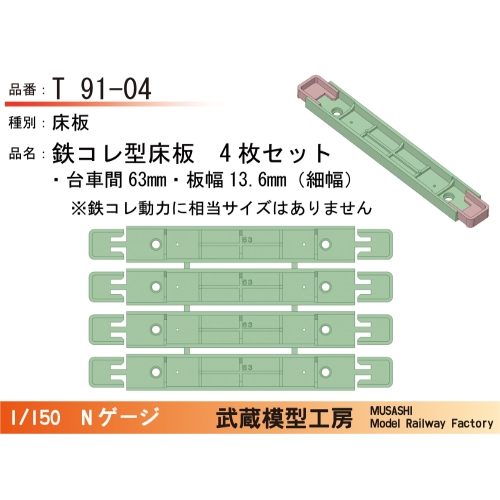 T91-04：鉄コレ型床板(細幅)(台車間63mm)4枚【武蔵模型工房　Nゲージ鉄道模型】