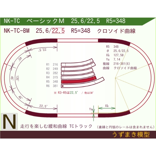 N緩和曲線線路 [ベーシックM] NK-TC-BM R5=348 25.6/22.5 O-S